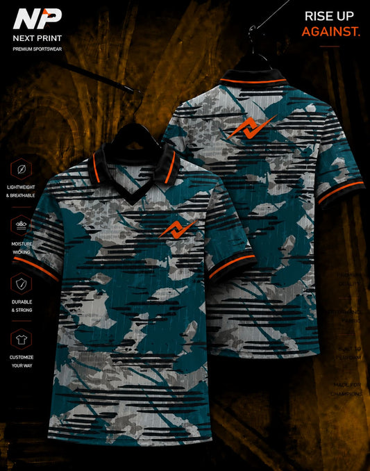 Next Print teal grey urban camouflage sublimation polo jersey front and back mockup with premium performance sportswear design.