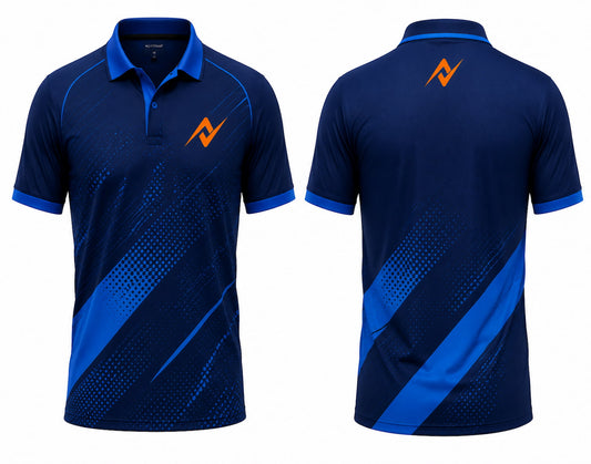 Front and back view of the NextPrint Velocity Blue cricket jersey featuring a navy blue and electric blue sublimation design with polo collar and NextPrint logo on the chest and back neck.