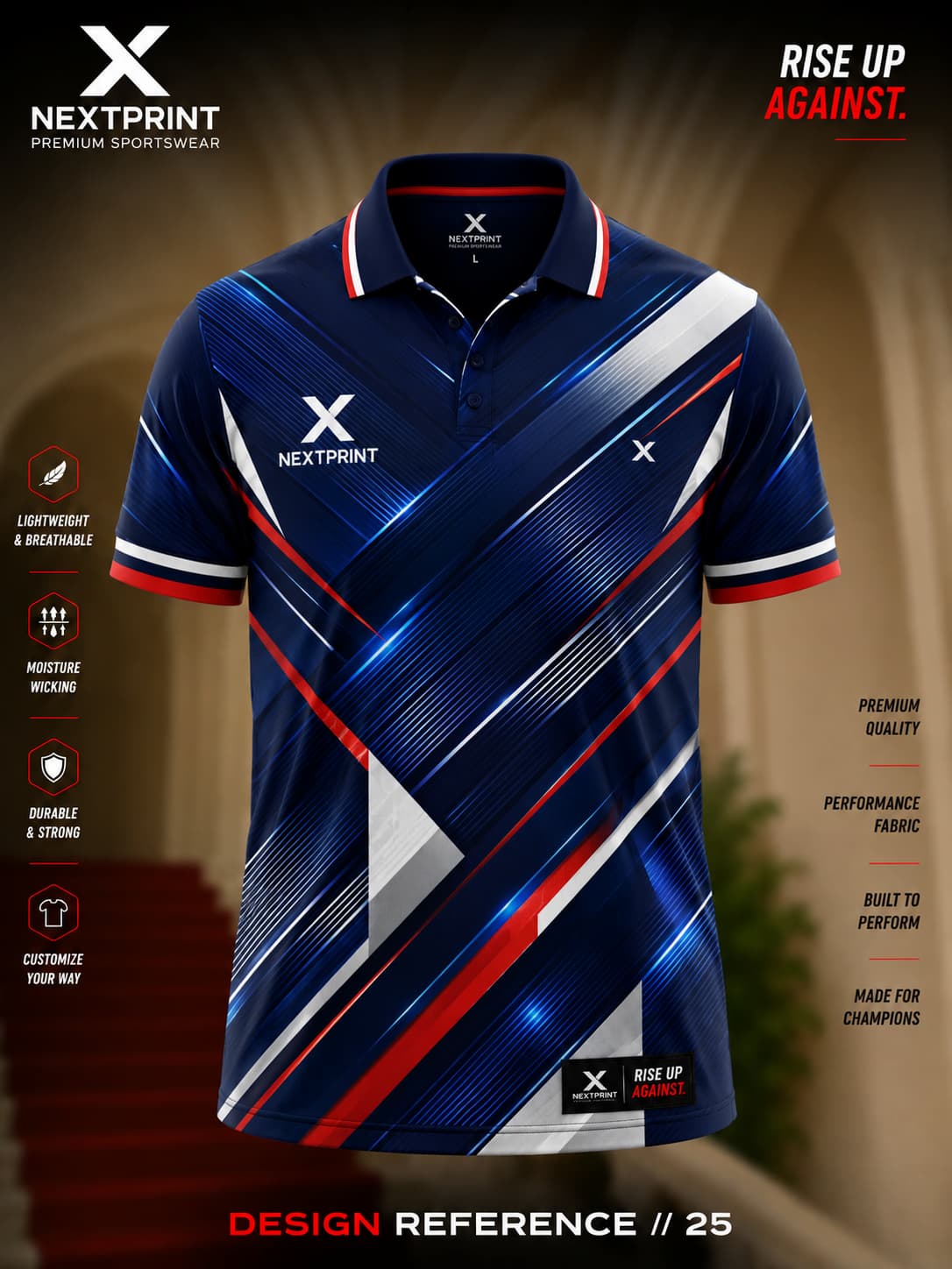NextPrint Velocity Edge navy blue polo sports jersey featuring dynamic diagonal stripe graphics in red, white, and electric blue with premium dry-fit fabric.