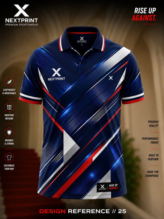 NextPrint Velocity Edge navy blue polo sports jersey featuring dynamic diagonal stripe graphics in red, white, and electric blue with premium dry-fit fabric.