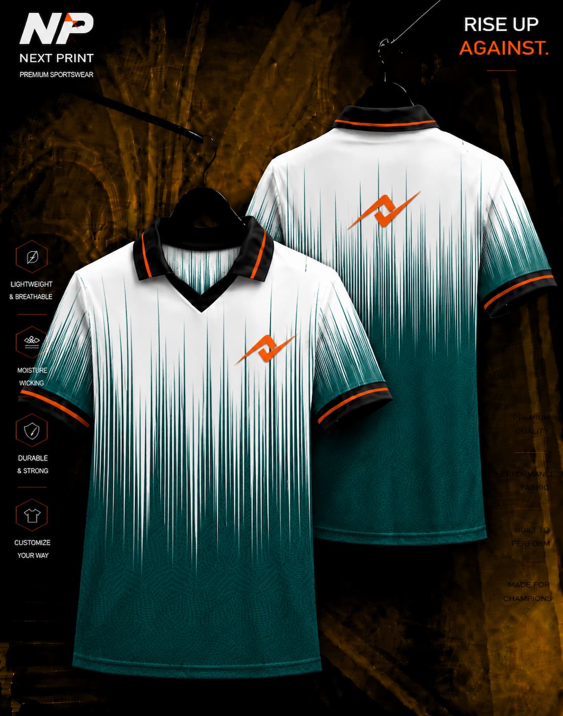 White and teal premium sublimation polo jersey with vertical speed line design, front and back mockup by Next Print.