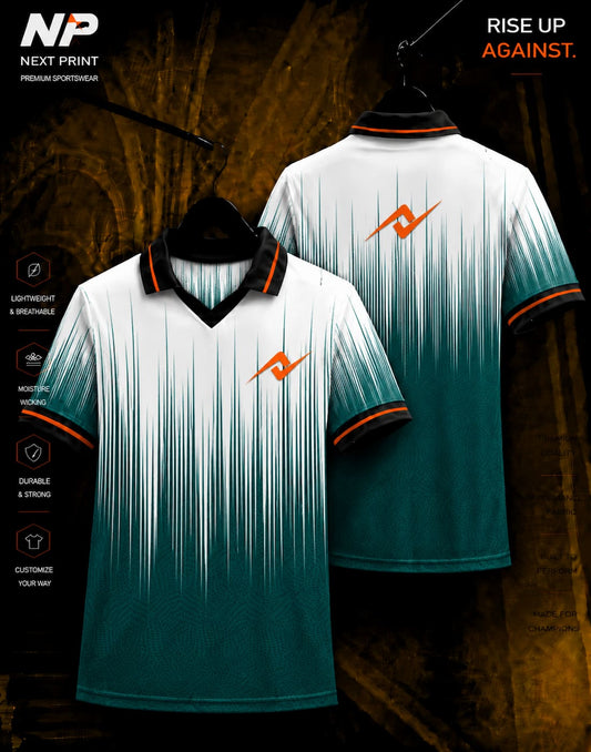 White and teal premium sublimation polo jersey with vertical speed line design, front and back mockup by Next Print.