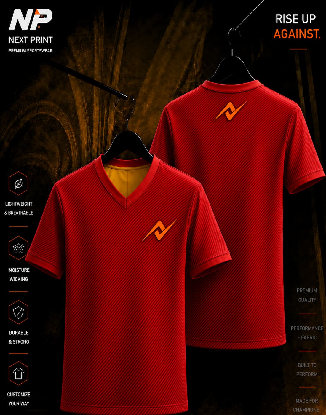 Next Print Velocity Red premium custom sublimation sports jersey with diagonal stripe texture front and back mockup