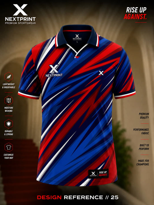 NextPrint Velocity Storm polo cricket jersey featuring bold royal blue and red lightning graphics with premium dry-fit performance fabric.