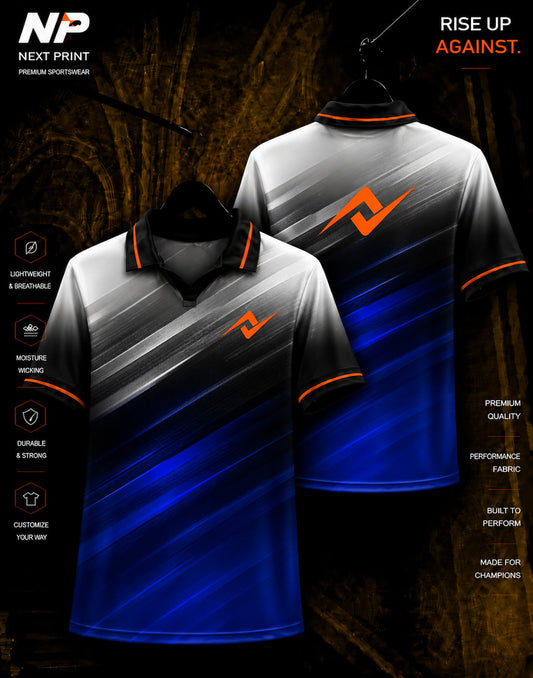 Next Print Velocity Strike blue gradient premium sublimation polo jersey front and back mockup with custom logo