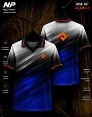 Next Print Velocity Strike blue gradient premium sublimation polo jersey front and back mockup with custom logo
