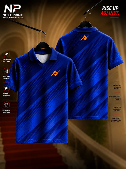 NextPrint Velocity Strike royal blue polo collar V-neck cricket jersey featuring diagonal stripe graphics, hexagonal texture, and premium dry-fit fabric.