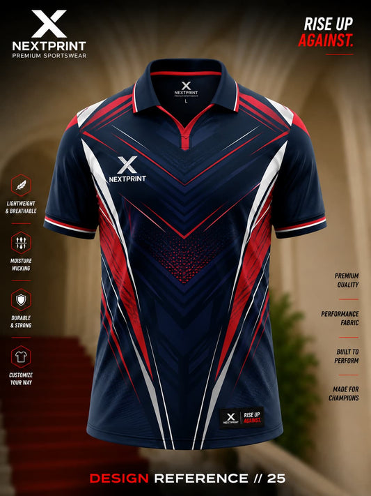 NextPrint Velocity Strike navy red polo sports jersey with modern chevron graphic design and performance dry-fit fabric.