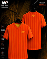 Premium orange sports jersey with vertical stripe pattern, front and back custom sublimation jersey by NextPrint.