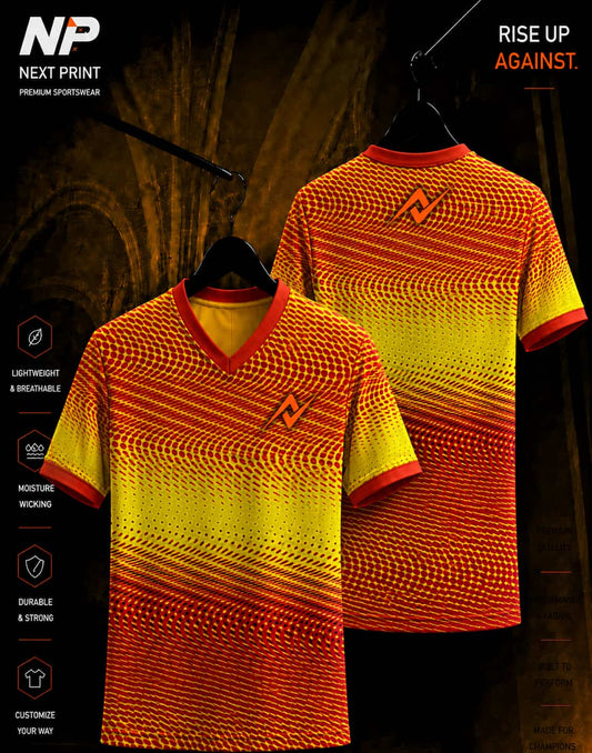 NextPrint Velocity Wave custom sublimation jersey featuring a yellow and red optical wave pattern with front and back views.