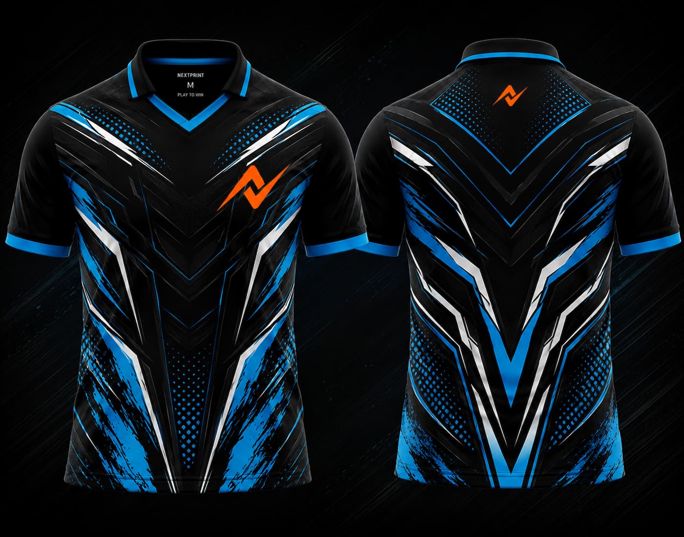 Front and back view of the NextPrint Velocity X esports jersey featuring black, electric blue, and silver futuristic graphics with orange logo placement on the chest and upper back below the collar.