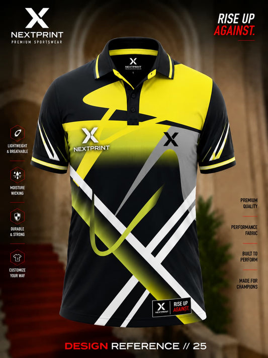 NextPrint Volt Strike yellow and black polo cricket jersey with geometric modern sports design.