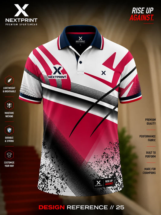 NextPrint Vortex Pulse white polo sports jersey featuring bold pink diagonal graphics, black halftone textures, and premium dry-fit performance fabric.