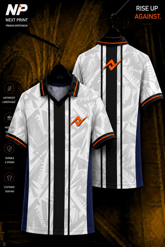 White and black abstract sublimation polo jersey featuring bold vertical stripes with front and back views by Next Print.