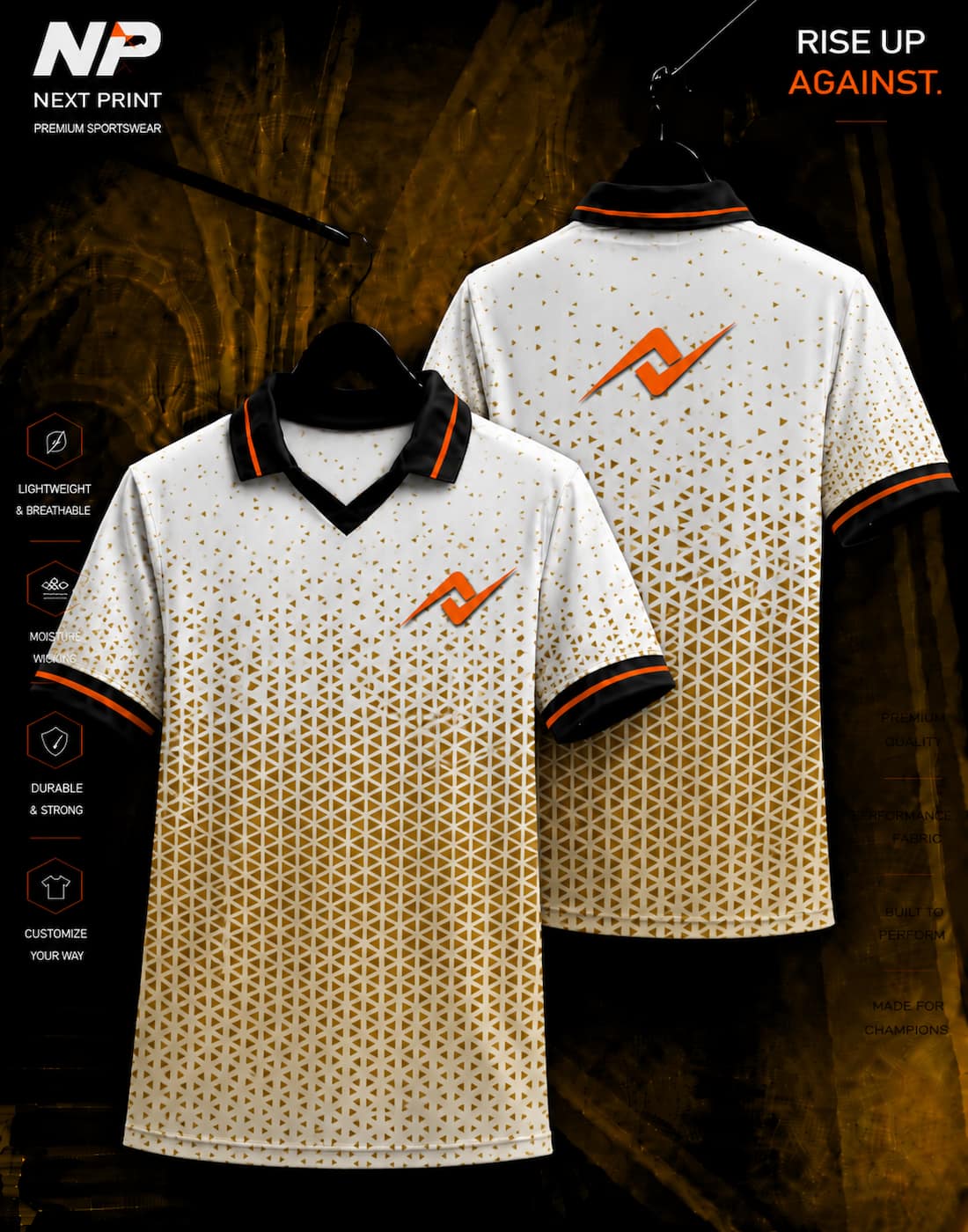 Next Print premium white and gold geometric sublimation polo jersey front and back mockup for cricket and team sports