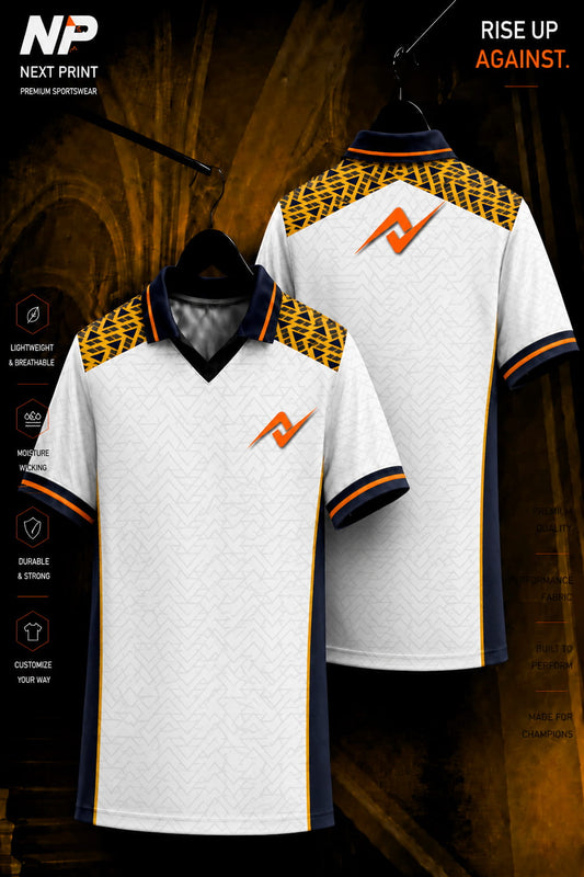 Next Print premium white and gold geometric polo sublimation jersey front and back mockup with custom logo.