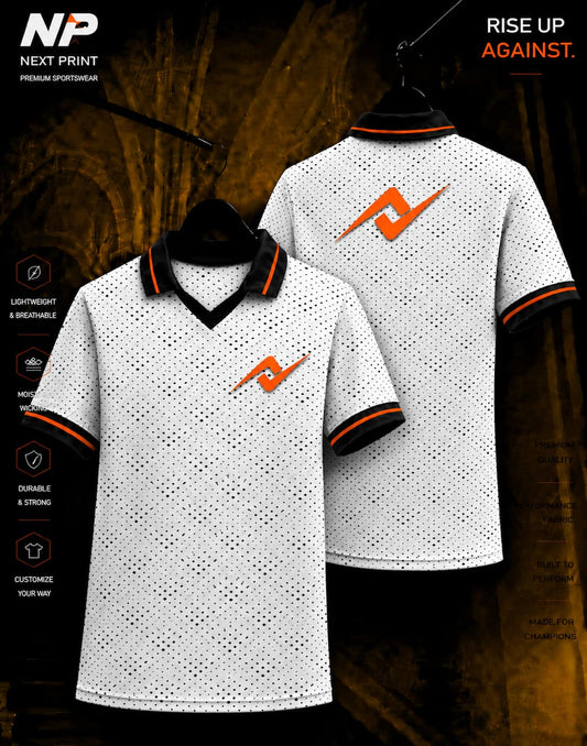 Next Print White Micro Dot Performance Polo Jersey featuring premium sublimation sportswear with front and back views.