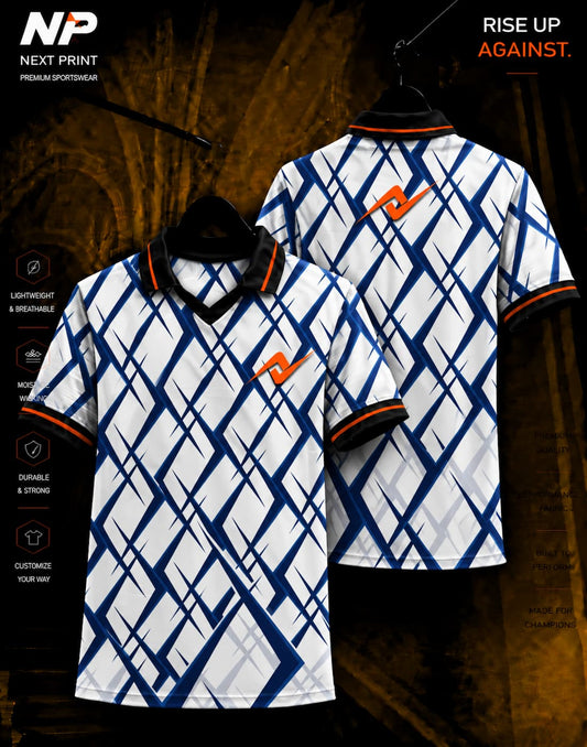 Premium white and navy geometric sublimation polo sports jersey with front and back views by Next Print.