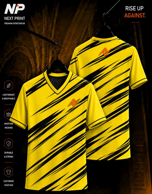 Yellow and black strike pattern custom sublimation sports jersey mockup with front and back views by NextPrint.
