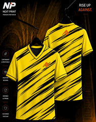 Yellow and black strike pattern custom sublimation sports jersey mockup with front and back views by NextPrint.
