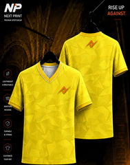 Yellow geometric polygon premium custom V-neck sports jersey by NextPrint with front and back mockup.