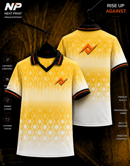 Yellow gradient geometric custom polo jersey front and back mockup by Next Print with premium sublimation sportswear design.