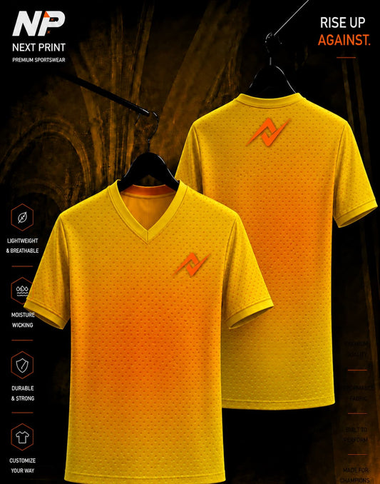 Yellow and orange gradient mesh sublimation sports jersey mockup with Next Print logo on front and back.