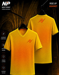 Yellow and orange gradient mesh sublimation sports jersey mockup with Next Print logo on front and back.