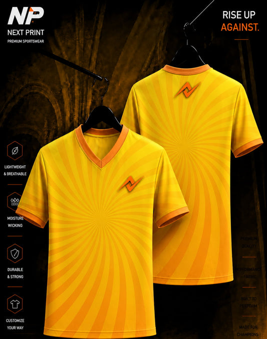 Yellow sunburst premium V-neck custom sports jersey with front and back mockup by NextPrint.