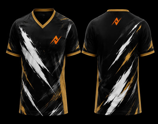 Front and back view of a black and gold V-neck esports jersey featuring white brushstroke graphics with an orange team logo on the chest and upper back.