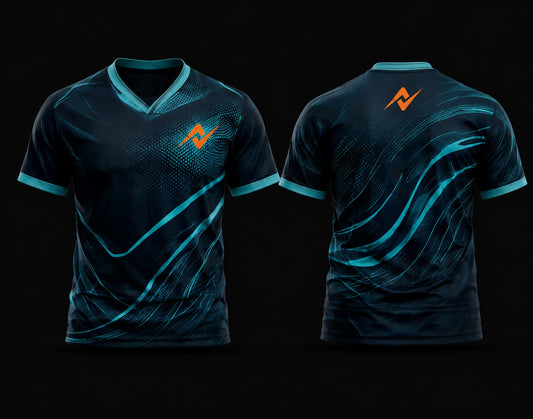 Front and back view of a navy blue and aqua blue V-neck cricket jersey featuring flowing wave graphics with custom chest logo and back neck logo.