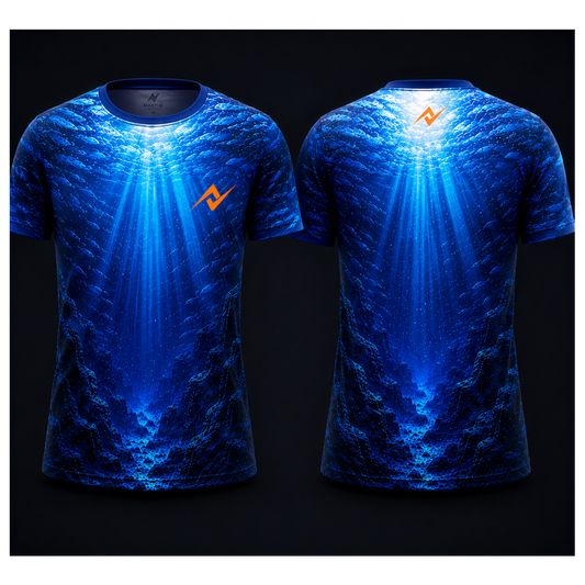 Ocean Sunbeam Reef Sublimation Round Neck Sports Jersey featuring radiant underwater light beams, blue reef scenery, and marine-inspired front and back artwork.
