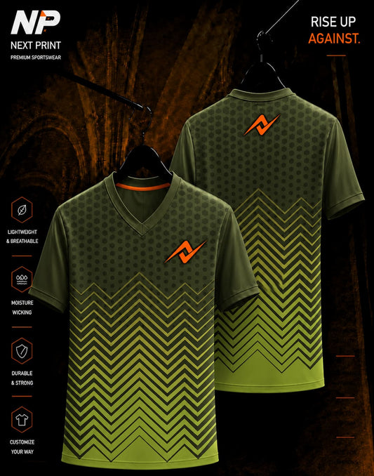 Olive green chevron and hexagon pattern sublimation V-neck sports jersey front and back by Next Print