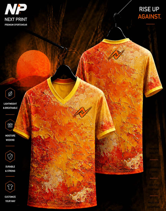 Orange abstract texture V-neck sublimation sports jersey with front and back view by Next Print