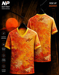 Orange abstract texture V-neck sublimation sports jersey with front and back view by Next Print