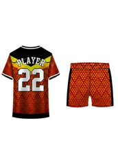 Orange and black geometric pattern sports jersey with matching shorts for cricket, football, volleyball and custom team uniforms in India