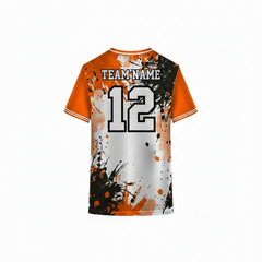 Orange and white custom sports jersey back view with black grunge paint splatter design for cricket football volleyball and esports teams by NextPrint