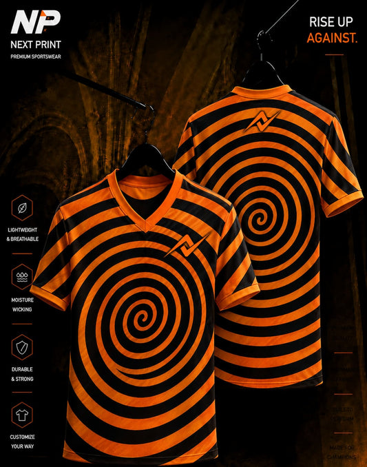 Orange and black hypnotic spiral V-neck sublimation sports jersey front and back by Next Print