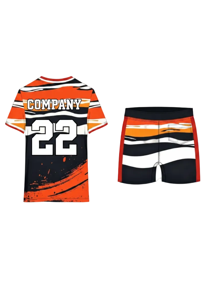 Orange black and white striped custom sports jersey with matching shorts for cricket, football and team uniform sublimation printing