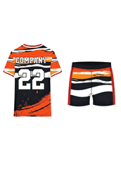 Orange black and white striped custom sports jersey with matching shorts for cricket, football and team uniform sublimation printing