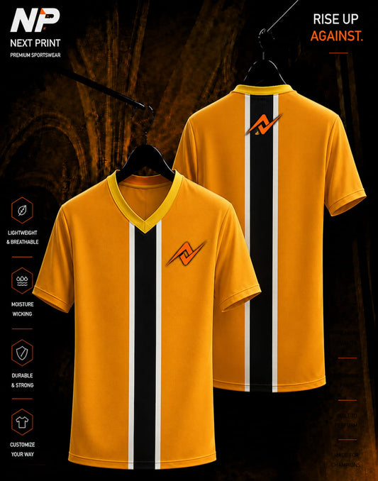 Orange black and white vertical stripe sublimation V-neck sports jersey front and back by Next Print
