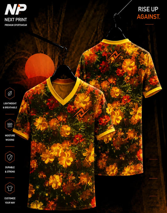Orange Blossom floral sublimation V-neck sports jersey with orange, yellow and red flower pattern by Next Print