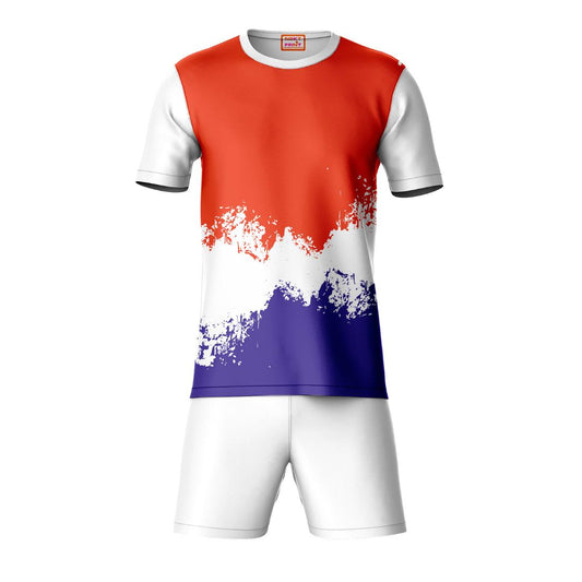 Orange blue sports t-shirt with white shorts coord set front view for men