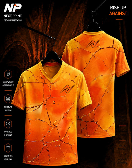 Orange crystal crack pattern sublimation V-neck sports jersey front and back by Next Print