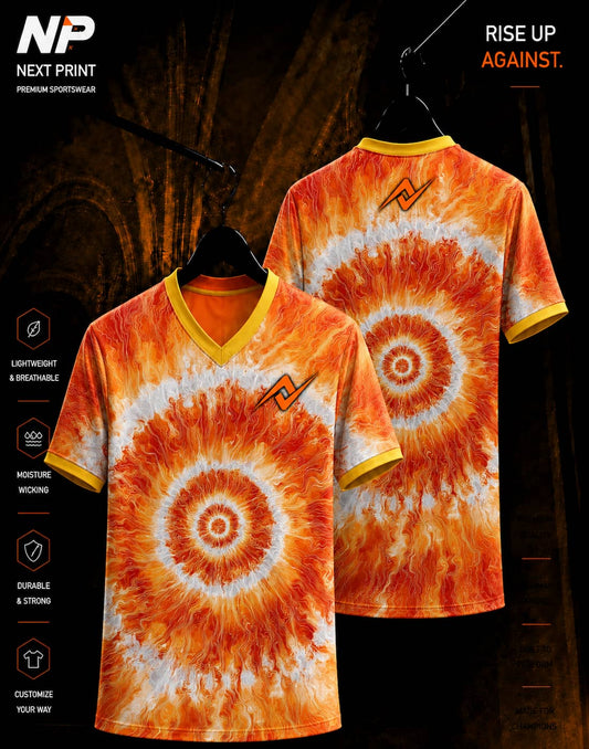Orange and white energy spiral sublimation V-neck sports jersey front and back by Next Print