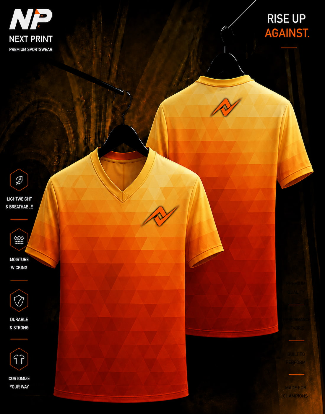 Orange geometric gradient sublimation V-neck sports jersey front and back design by Next Print