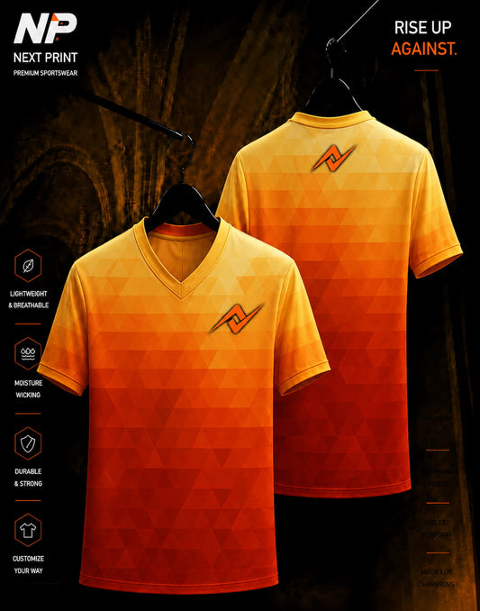 Orange geometric gradient sublimation V-neck sports jersey front and back design by Next Print