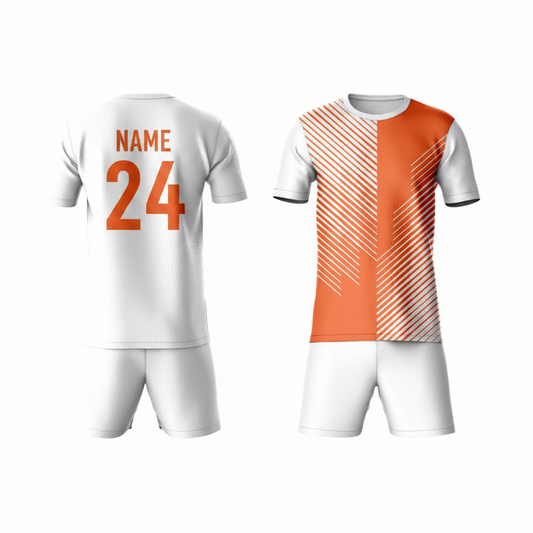 Orange geometric pattern activewear t-shirt with white shorts back view