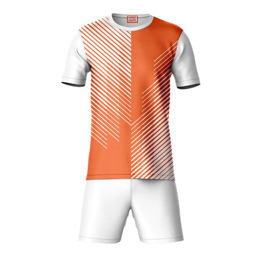 Orange geometric pattern sports t-shirt with white shorts co-ord set front view