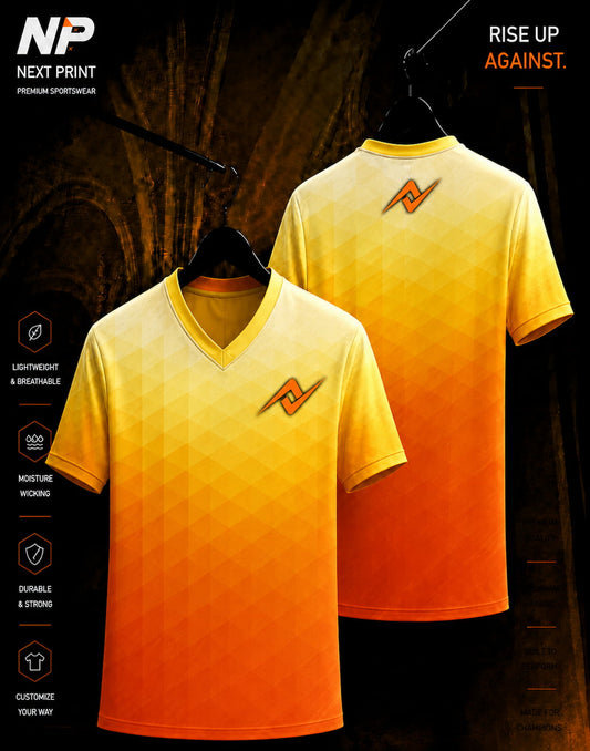 Orange and yellow geometric gradient sublimation V-neck custom sports jersey by Next Print with front and back view